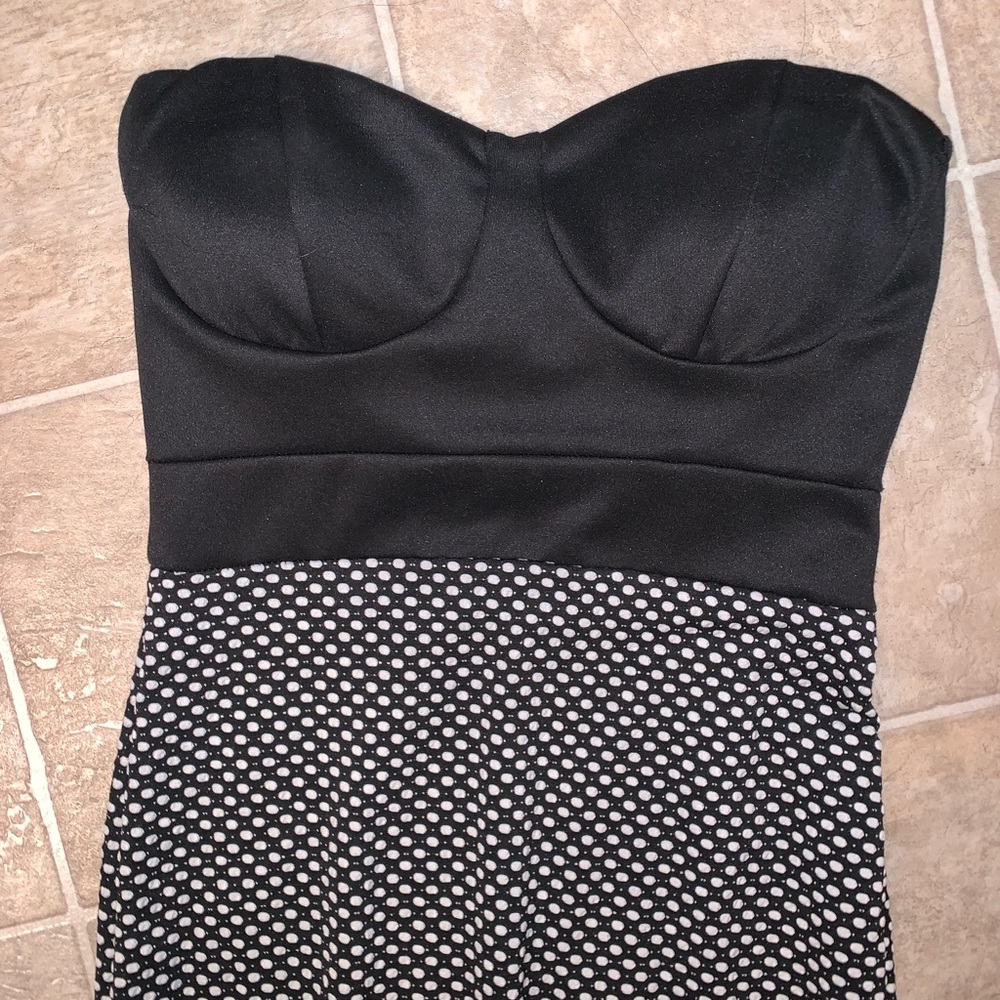 Strapless polka dot midi dress